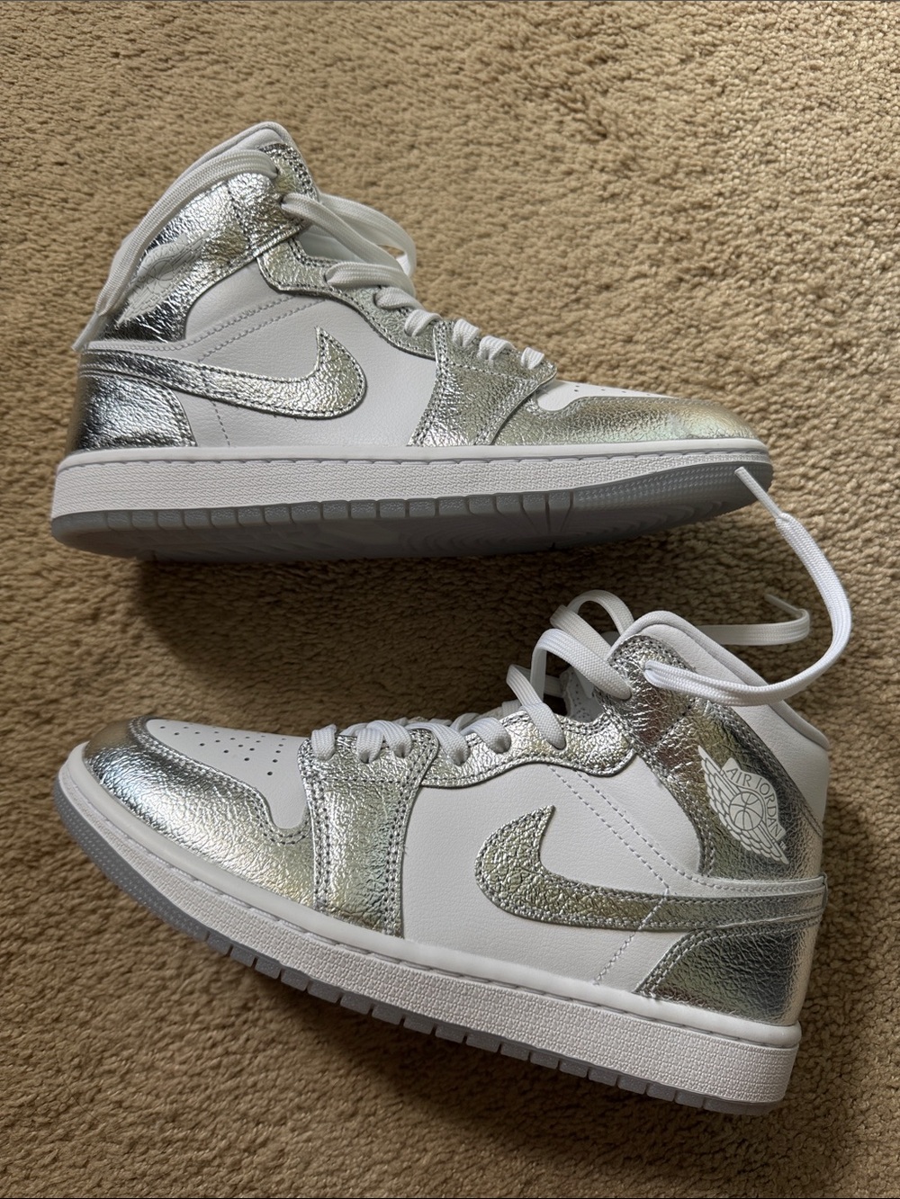 NWOB Nike Women's Silver and White Air Jordan 1 Mid Sneakers